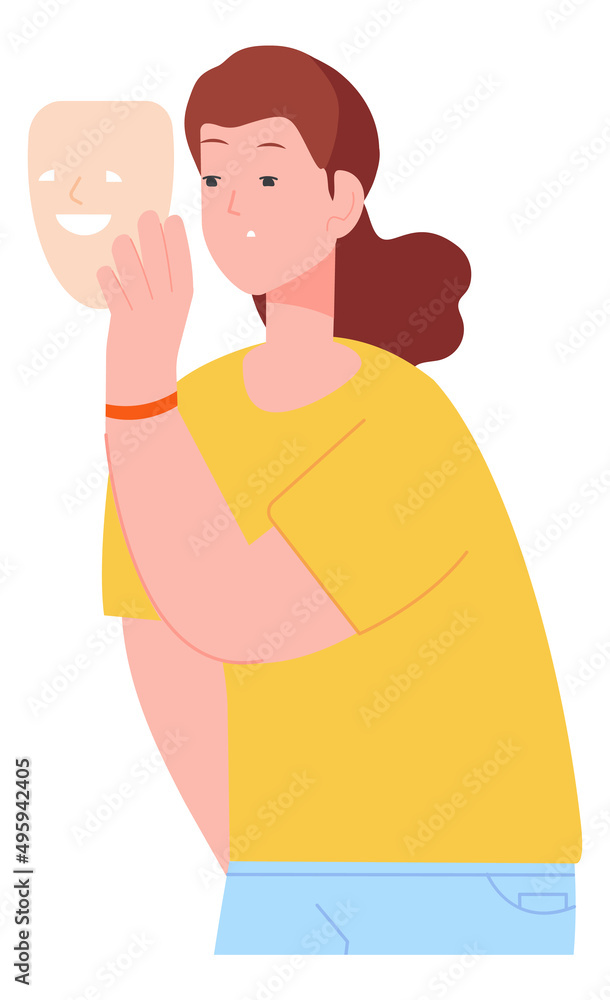 Woman showing fake face mask. Impostor concept Stock Vector | Adobe Stock