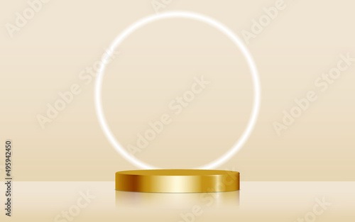 Realistic golden blank product podium scene isolated with round neon light on background. Gold cylinder mock up scene. Geometric metallic round shape for product branding. 3d vector illustration
