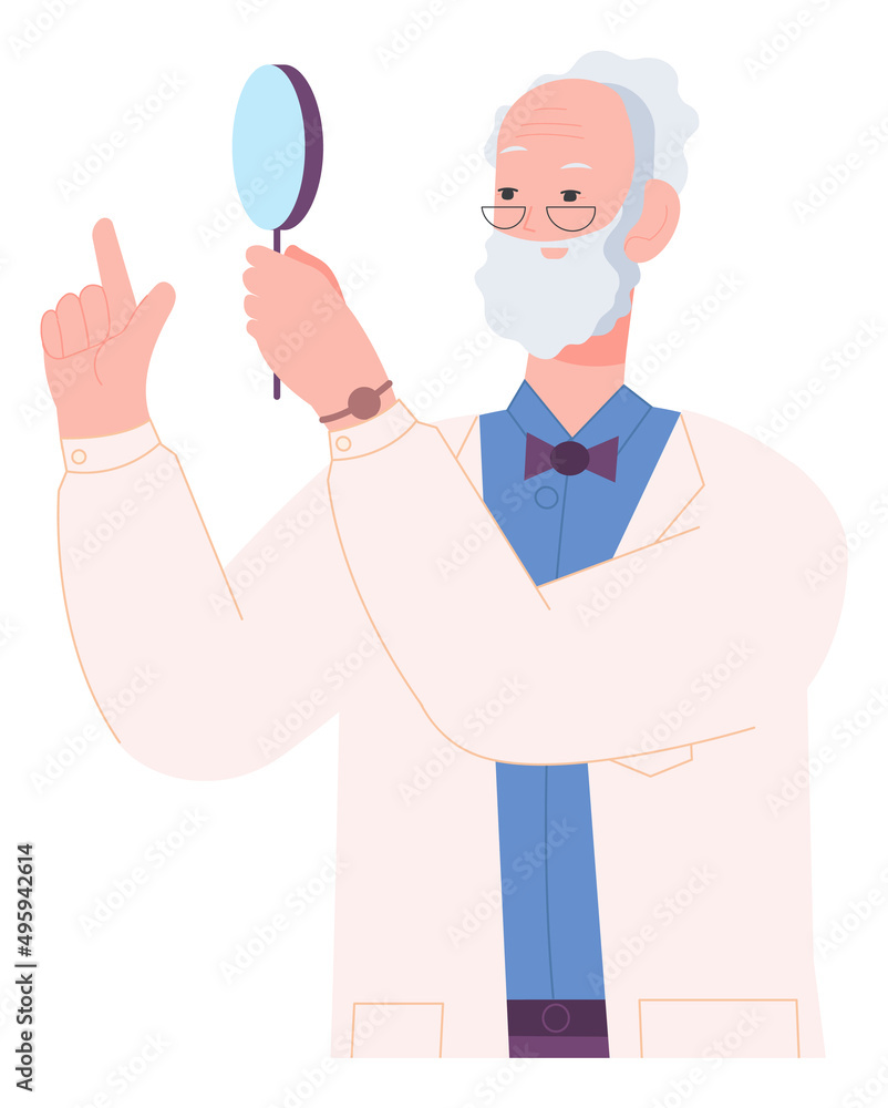 Old bearded man with magnifying glass. Science professor character Old bearded man with magnifying glass. Science professor character