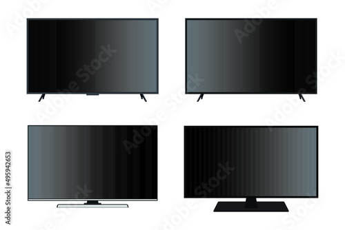 Set of TV flat screen lcd, plasma, tv mock up. black blank HD monitor 6K TV flatmockup. Modern video panel black flatscreen.Vector Illustration. Widescreen show your business presentation on display.