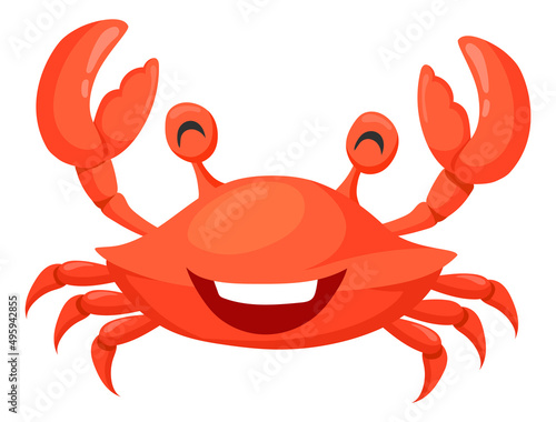 Laughing crab character. Cartoon red sea food animal