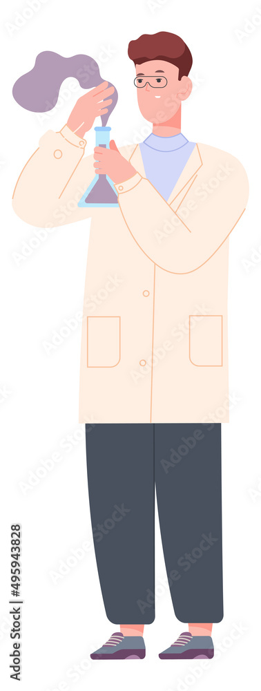 Scientist holding flask with chemical reaction smoke Scientist holding flask with chemical reaction smoke