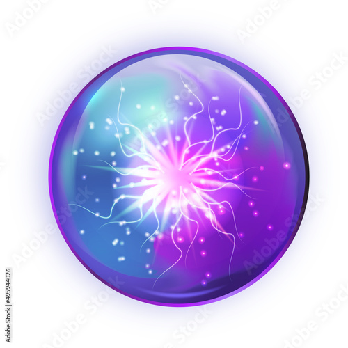 Neon glass ball with energy lightning. Electrical sphere