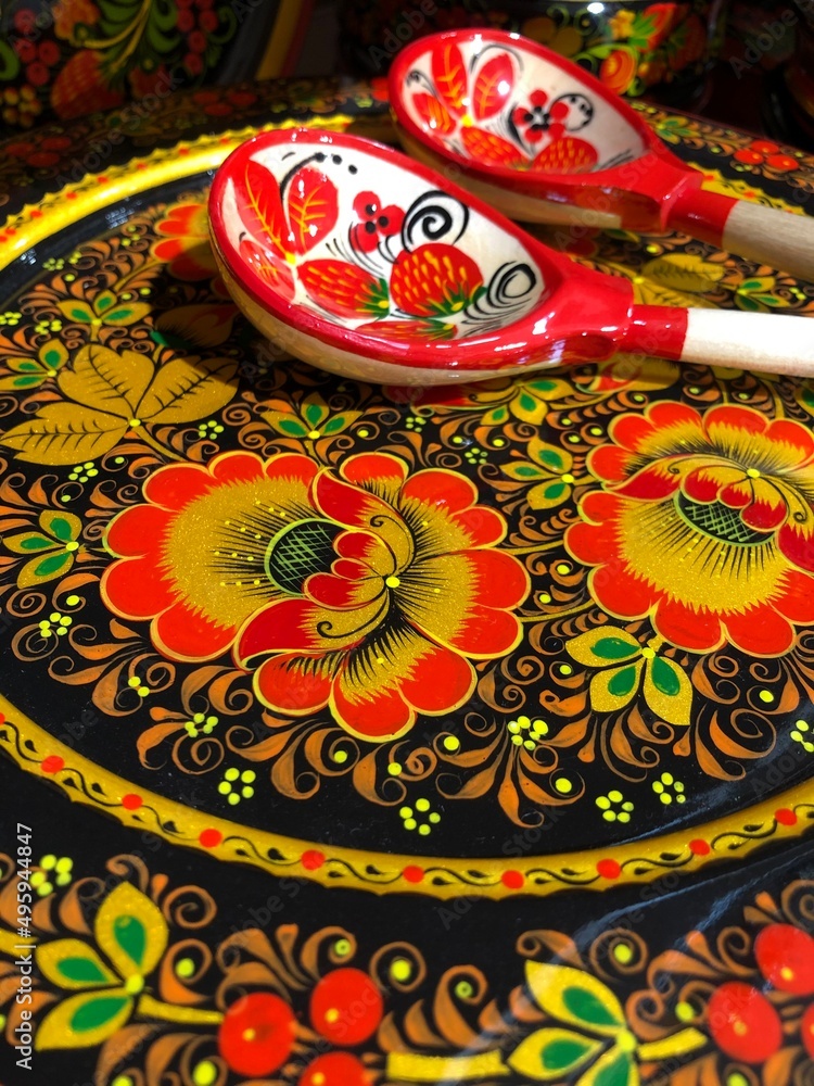 Fototapeta premium Beautiful dishes in Khokhloma coloring