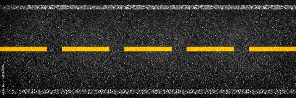 Top view of asphalt road with lanes and limits sign concept. long black asphalt texture background.