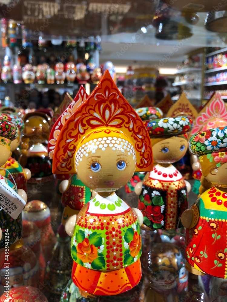 Beautiful Russian wooden matryoshka dolls in the store