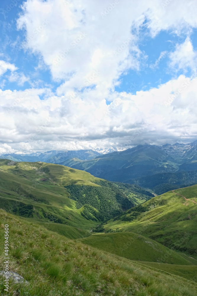 summer landscape with majestic Mountains, beautiful natural background. atmosphere summer nature. trip, journey, hiking, adventure concept. Caucasus mountains, Karachay-Cherkess Republic. Arkhyz