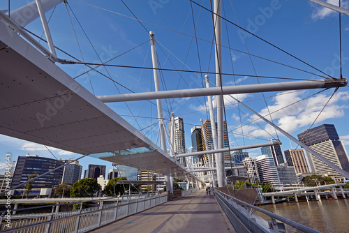The 'Kurilpa Bridge' pedestrian footbridge designed by 'Ove Arup and partners' and skyline of Brisbane 