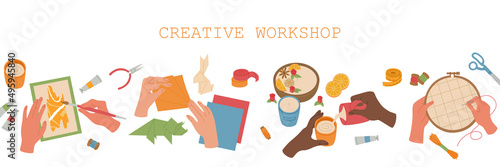 Set of different types handmade crafts. Painting, origami, candles making, embroidery. Creative workshop for children. Hand drawn vector illustration isolated on white background. Flat cartoon style.