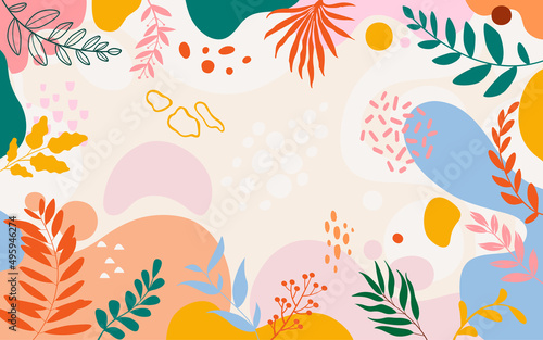 Design banner frame flower Spring background with beautiful. flower background for design. Colorful background with tropical plants. Place for your text.