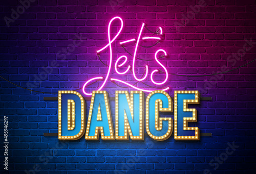 Lets Dance Vector Illustration with Bright Neon Light Lettering on Brick Wall Background. April 29 Dance Day Celebration Design Template for Banner, Flyer, Invitation, Brochure, Poster or Greeting