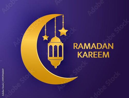 Ramadan Kareem background. Golden lantern, moon, crescent, stars papercut design elements. Eid Mubarak celebration card. Muslim holy month. Ramazan decoration. Arabian pattern. Vector illustration