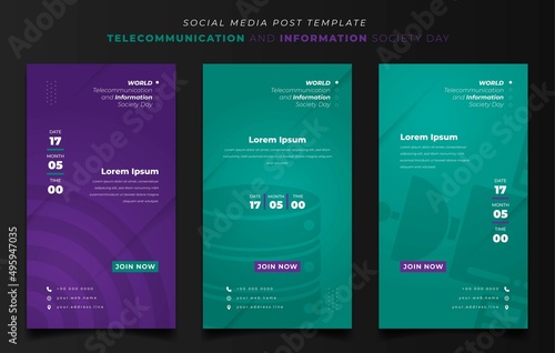 Social media template for telecommunication and information in green and purple portrait background