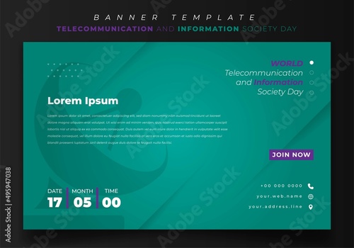 Banner template design for telecommunication and information society in green landscape background