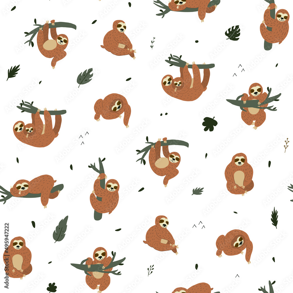 Fototapeta premium Sloth South America animal seamless vector pattern