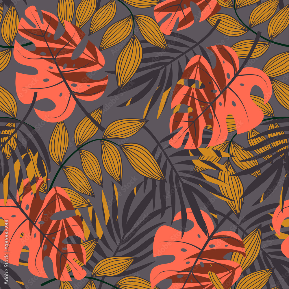 Fashionable seamless tropical pattern with bright plants and leaves on a gray background. Modern abstract design for fabric, paper, interior decor. Tropical botanical. Hawaiian style.