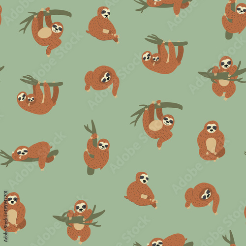 Sloth South America animal seamless vector pattern