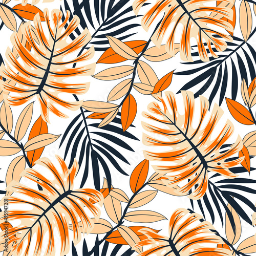 Stylish seamless tropical pattern with bright plants and leaves on a white background. Trendy summer Hawaii print. Seamless pattern with colorful leaves and plants.