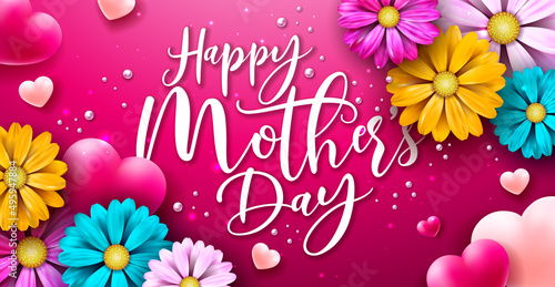 Happy Mother's Day Illustration with Spring Flower, Heart and Typography Letter on Red Background. Vector Celebration Design Template for Greeting Card, Banner, Flyer, Invitation, Brochure, Poster.