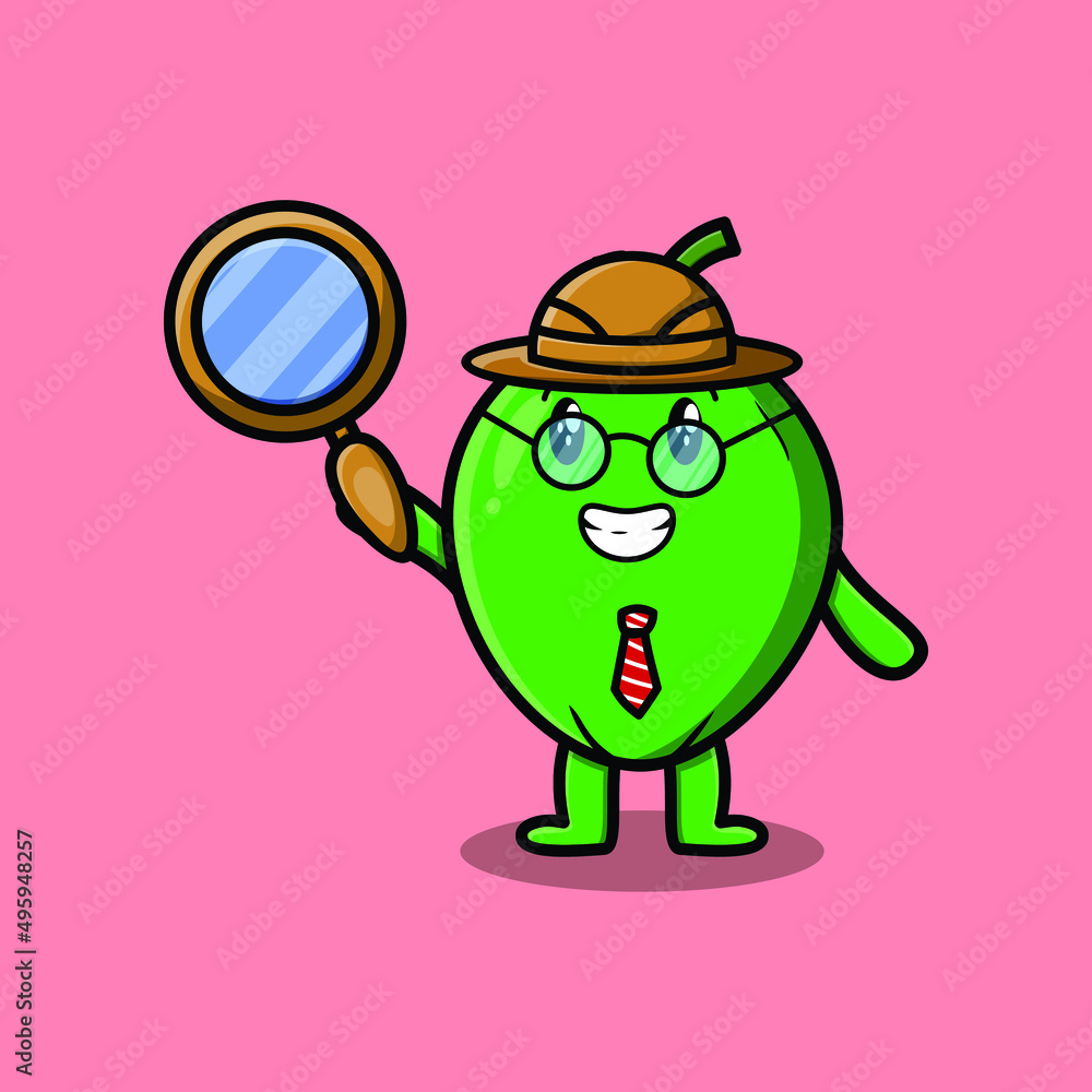 Cute cartoon character Coconut detective is searching with magnifying glass and cute style design 
