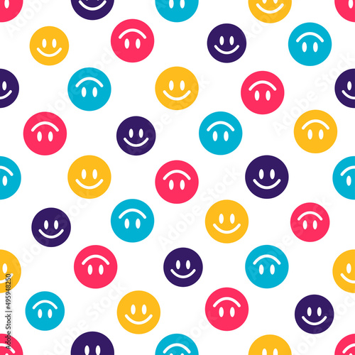 White seamless pattern with colorful smiley faces.