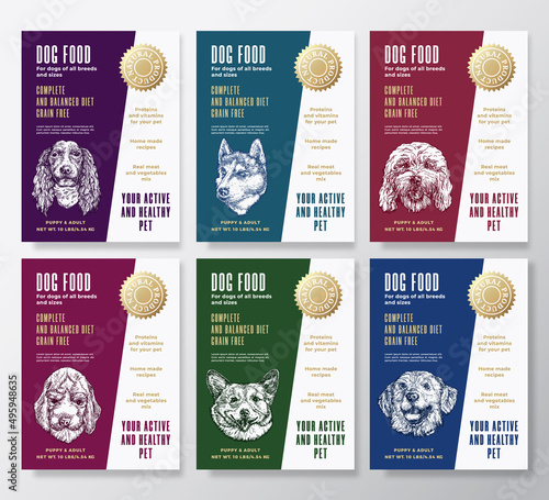 Pet Food Label Templates Set. Abstract Vector Packaging Design Layouts Collection. Typography Banners with Hand Drawn Dog Breeds Sketch Faces Background Isolated
