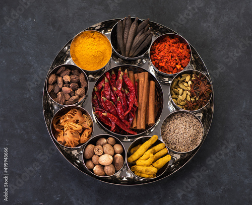 Indian spices and seasonings.  Masala box.