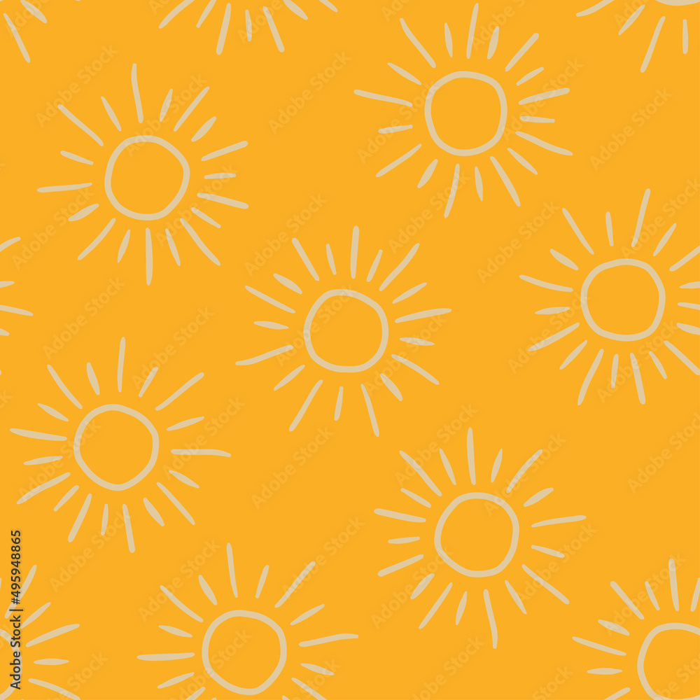 Yellow seamless pattern with beige outline sun. Yellow seamless pattern with beige outline sun.