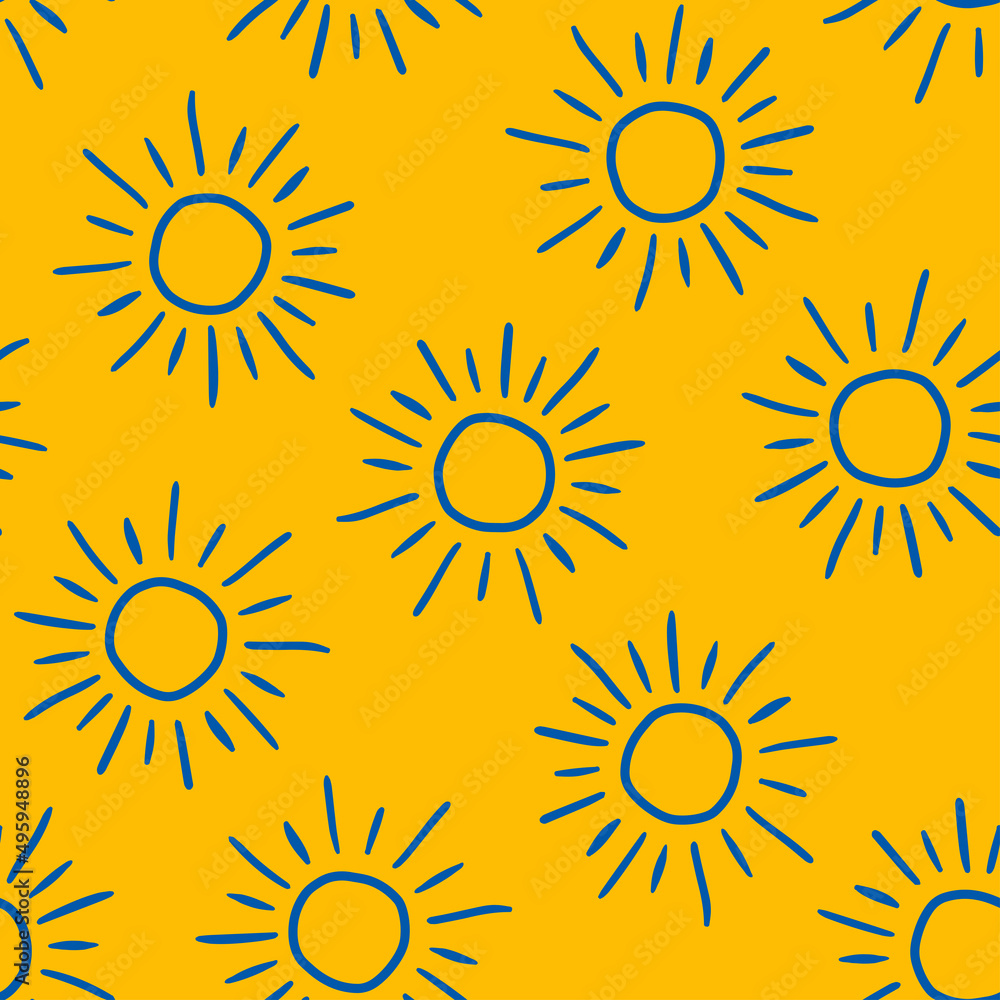 Yellow seamless pattern with blue outline sun. Yellow seamless pattern with blue outline sun.