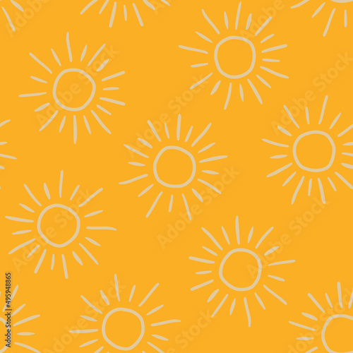 Yellow seamless pattern with beige outline sun.