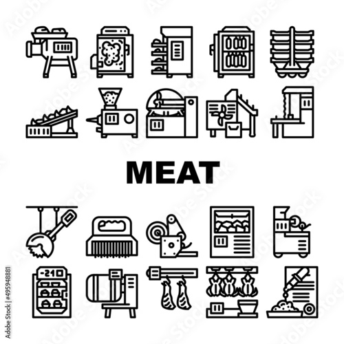 Meat Factory Production Equipment Icons Set Vector. Smoking And Baking Chamber For Preparing Meat, Grinder And Carcass Conveyor Plant Tool, Circula And Band Saws Black Contour Illustrations