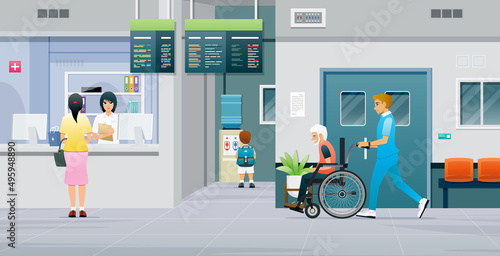 A male nurse is escorting the patient to the hospital reception desk.