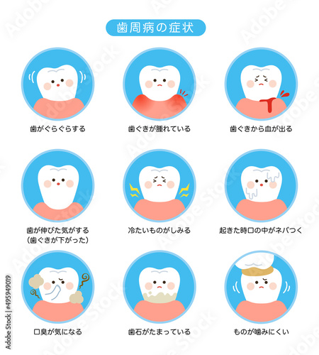 可愛い歯のキャラクターのイラスト　歯周病の症状　文字付き