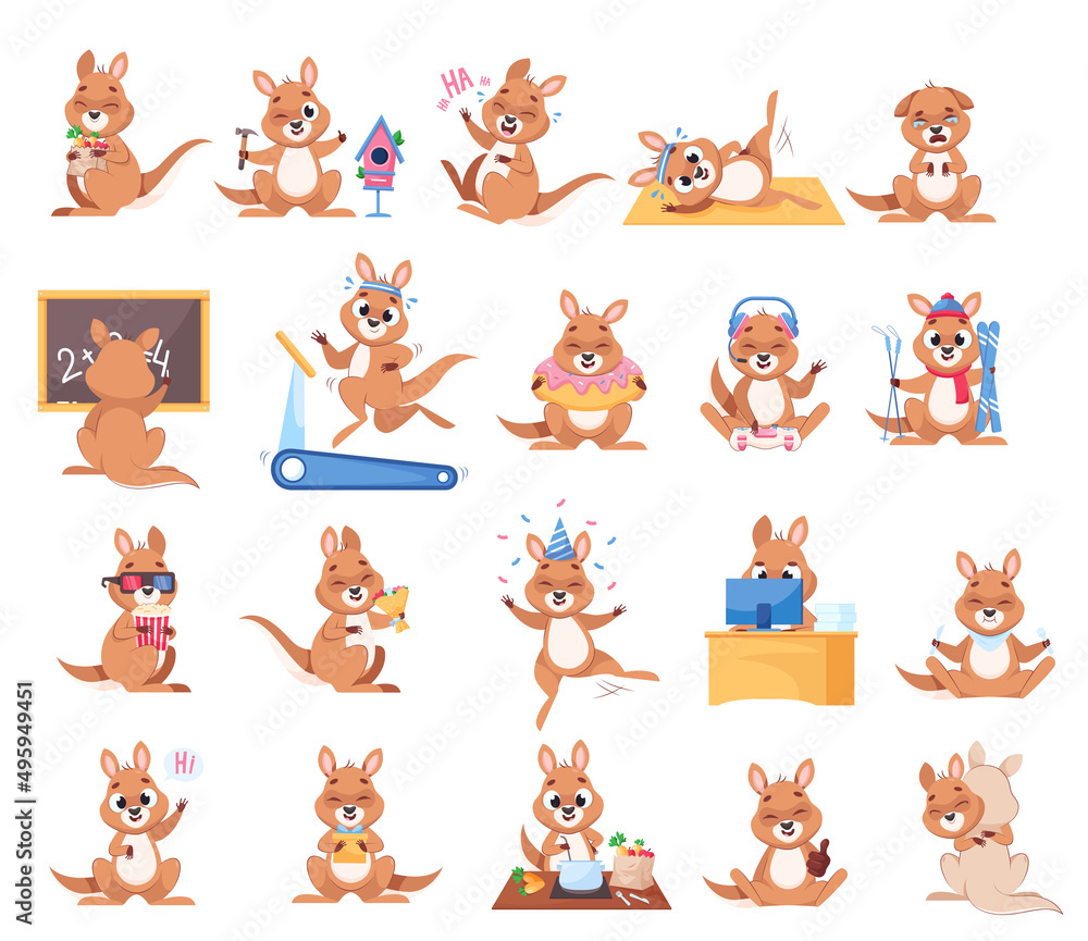 Fototapeta premium Cute kangaroo in different poses cartoon illustration set. Pretty Australian animal doing sport, having fun, studying, celebrating on white background. Wildlife animal, safari, marsupial concept