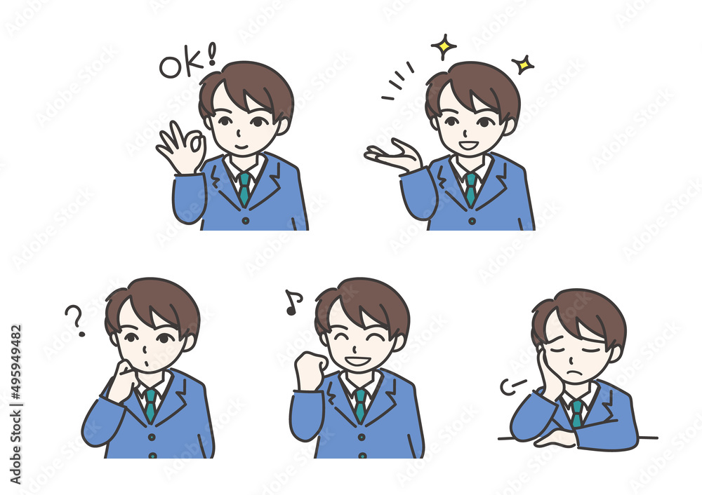 様々な表情を見せる若い男性のイラストセット_A01【カラー／スーツ】
