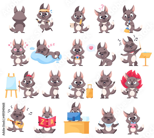 Happy wolf doing different actions cartoon illustration set. Cute predator with various face expressions, sleeping, eating, cleaning and reading on white background. Wildlife animal concept