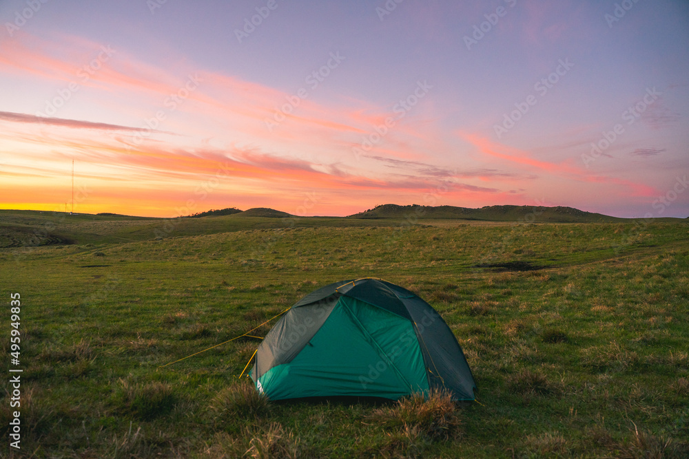 camping in the mountains at sunrise
