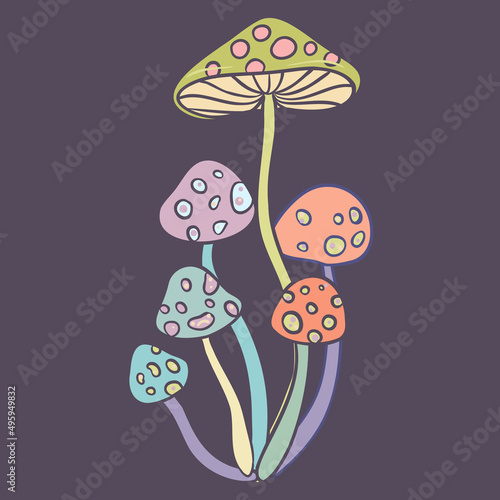 Magic mushroom. Psychedelic hallucination. Vector illustration in pastel colors isolated. 60s trippy hippie art for sticker, patch or poster design.