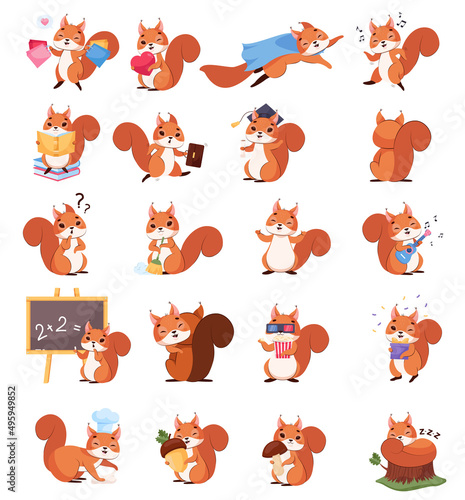 Cute little squirrel in different poses cartoon illustration set. Funny rodent with furry tail reading book, hugging acorn, sleeping on tree, celebrating. Wildlife animal, forest concept