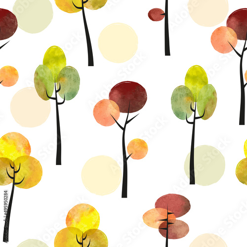 Autumn watercolor background. Seamless colorful abstract trees pattern.