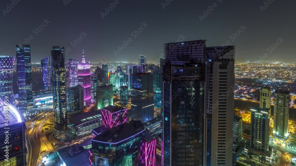 The skyline of the West Bay area from top in Doha day to night timelapse, Qatar. The skyline of the West Bay area from top in Doha day to night timelapse, Qatar.
