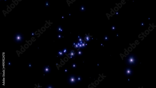 Abstract flight of a super satellite through the endless outer space among twinkling stars. 3D. 4K. Isolated black background.