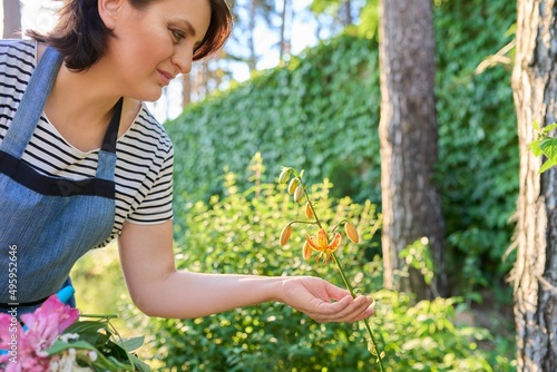 Woman in apron tending backyard flower beds rejoicing at blooming lily plant