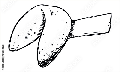 Vector hand drawn chinese fortune cookie isolated on white backgrounds. Food illustration. Crisp cookie with a blank piece of paper inside. For print, web, design, decor, logo.