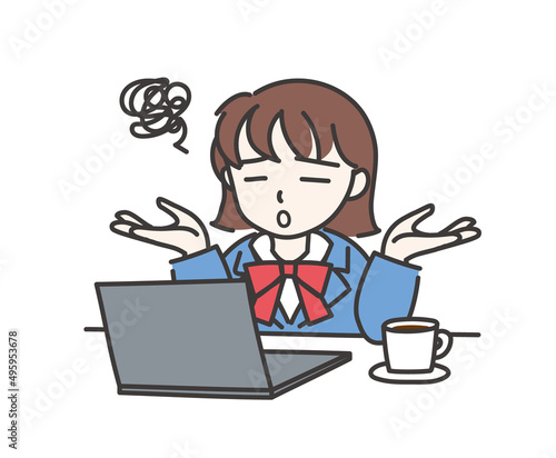 パソコンの前でお手上げ状態になった女の子A【ノートパソコン】