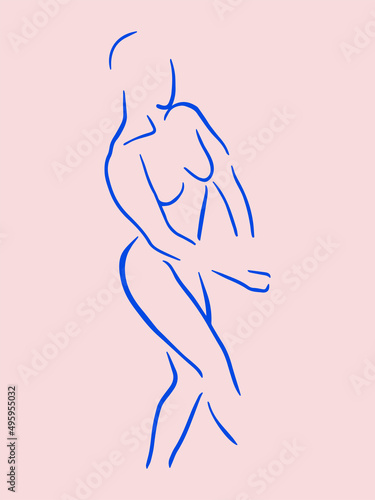 Trendy line art woman body. Minimalistic blue lines drawing. Female figure continuous line abstract drawing. Modern scandinavian design. Naked body vector illustration.