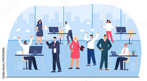Lazy and unorganized office people causing mess and problems. Funny chaotic characters at computer desks flat vector illustration. Conflict, chaos, workplace, organization concept for banner