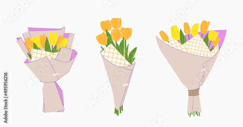Three bouquets of yellow Tulips. Bouquet of spring fresh flowers wrapped in craft paper. Beautiful lush tulips for Mother's Day. Holiday floral decor. Colorful isolated illustrations.