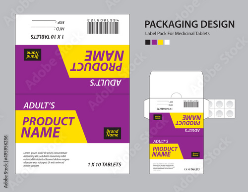 Label pack for medicinal tablets, label medicine paper design, medicine packaging design, healthcare product design. product label, realistic mock-up. geometric background concept. vector illustration