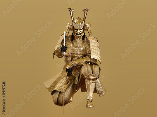 A samurai sits on one knee, wearing golden armor. 3D illustration.